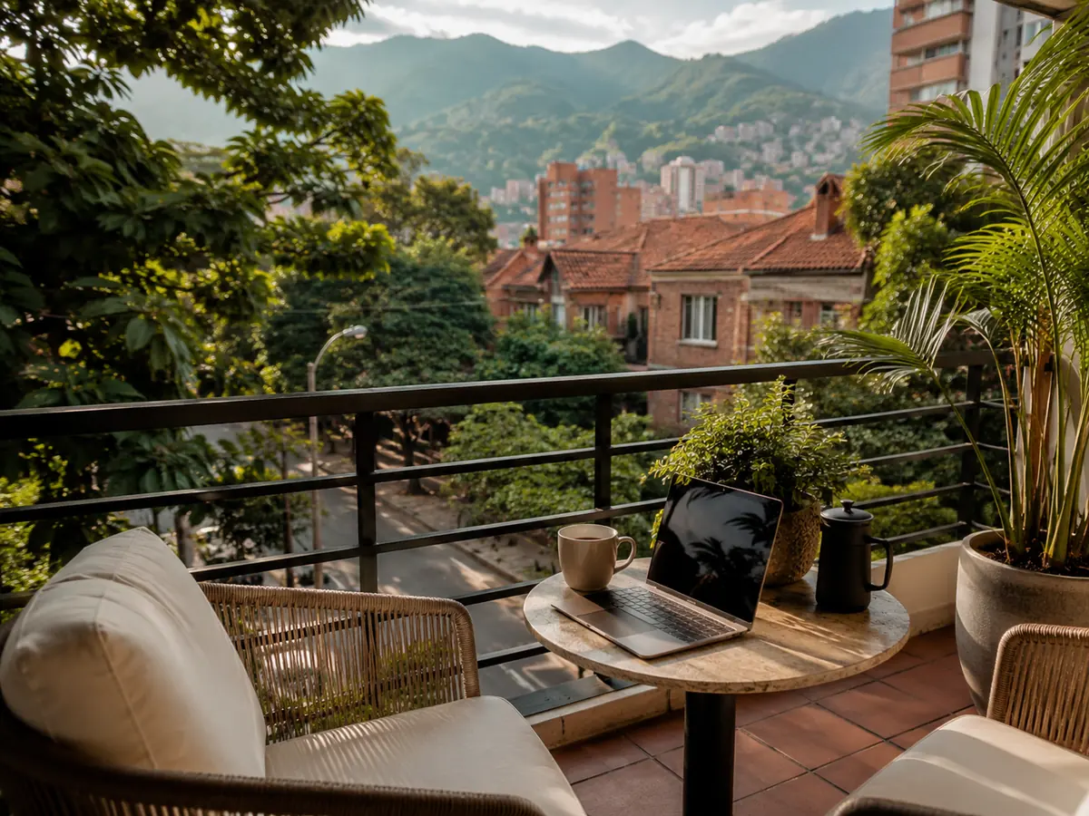 Furnished apartment balcony overlooking a leafy Medellín street