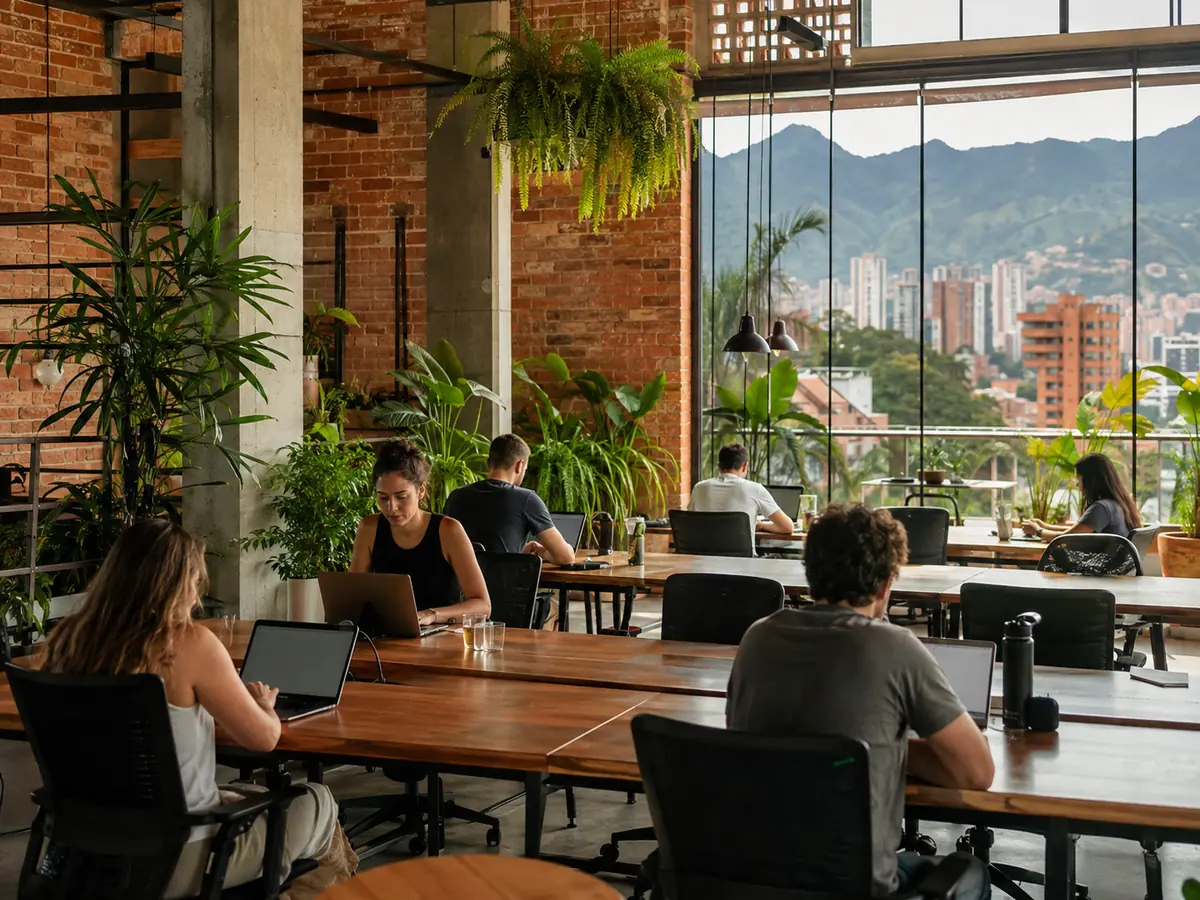 Bright coworking space in Medellín with nomads working at shared desks