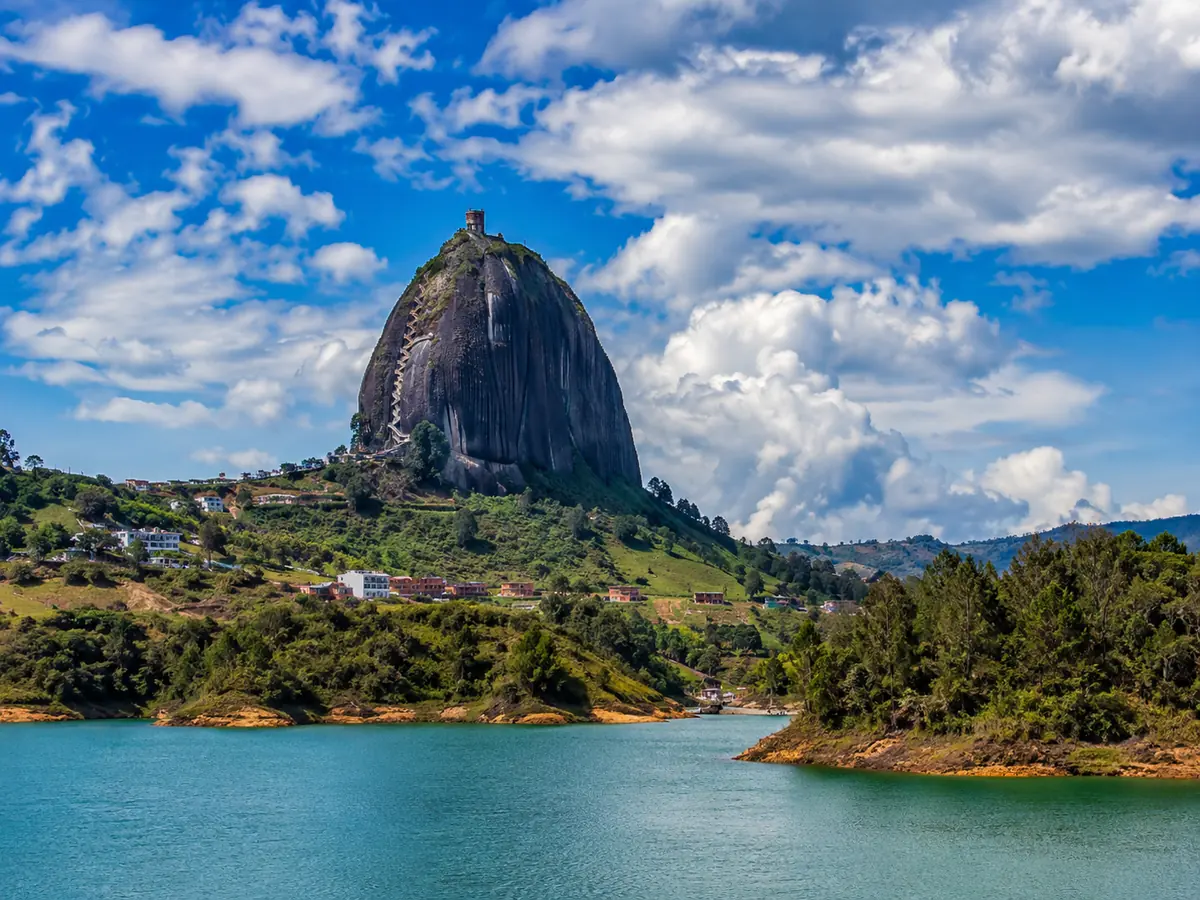 El Peñol rock rising above the Guatapé reservoir near Medellín