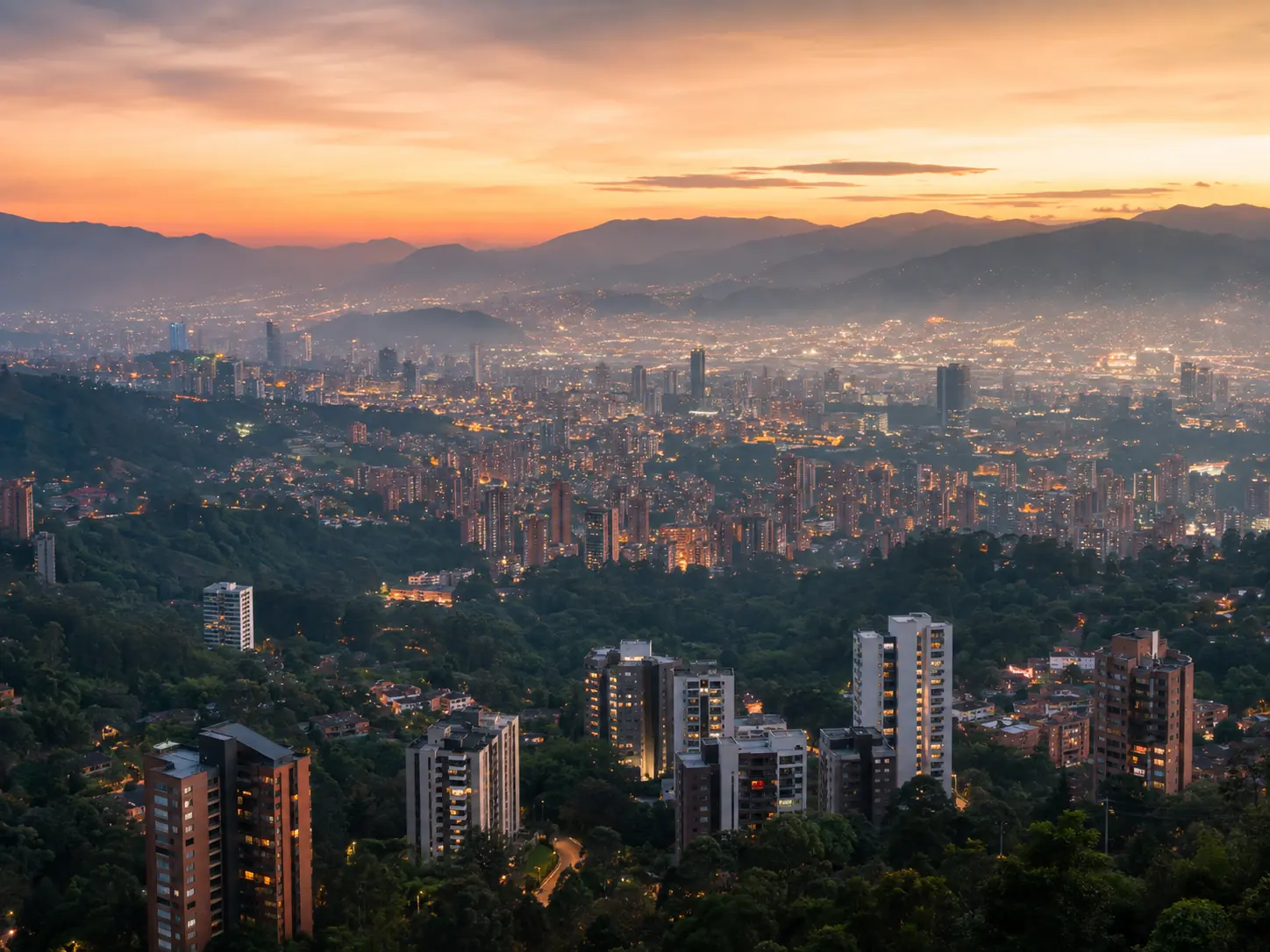 The Aburrá Valley and Medellín skyline seen from the El Poblado hills at dusk